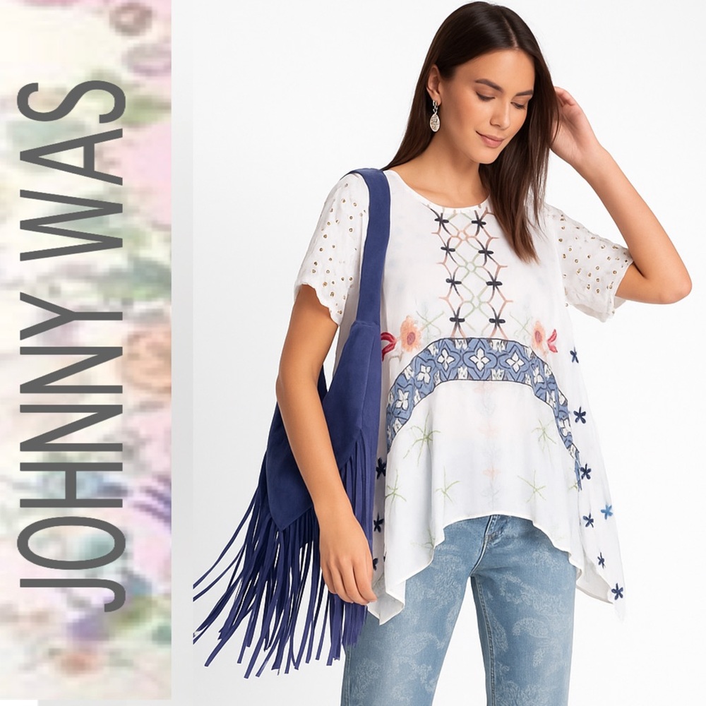 Johnny Was LA Wilson White Tunic Top Short‎ Sleeves Hand Embroidery XS